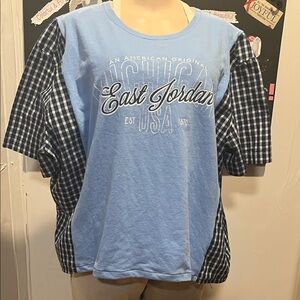 Adult Blue and white Checkered T Shirt. Reworked and Upcycled.